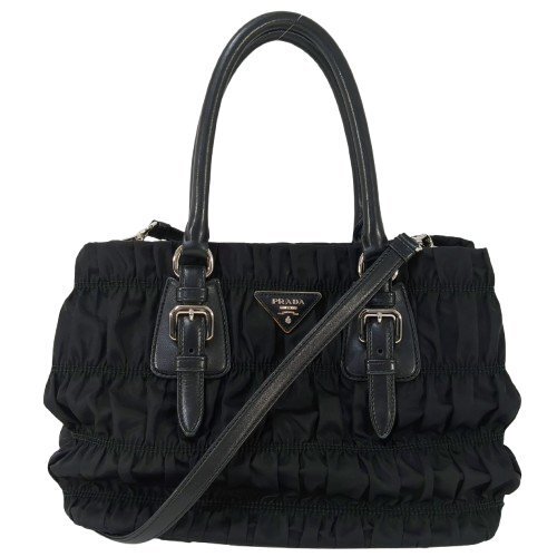 PRADA プラダ ギャザー 2WAYバッグ ナイロン レザー ブラック ゴールド金具 三角ロゴ カードあり ハンドバッグ ショルダーバッグ BN2868