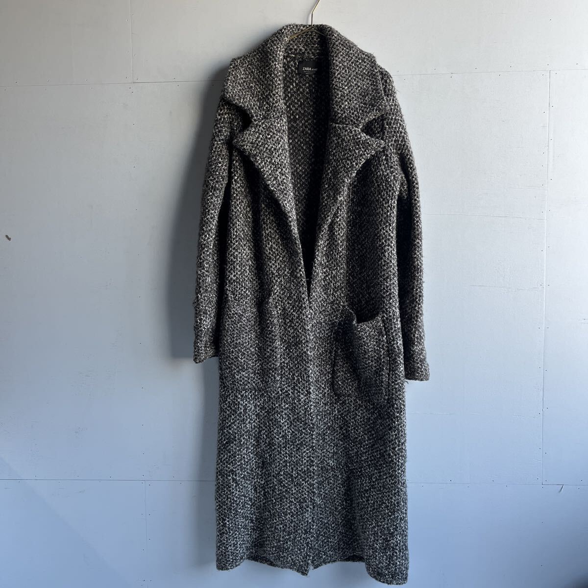 ZARA KNIT ザラ ニット レディース S ホワイト×ブラック ニット ロングカーディガン ロングニットコート シングル アクリル×コットン 