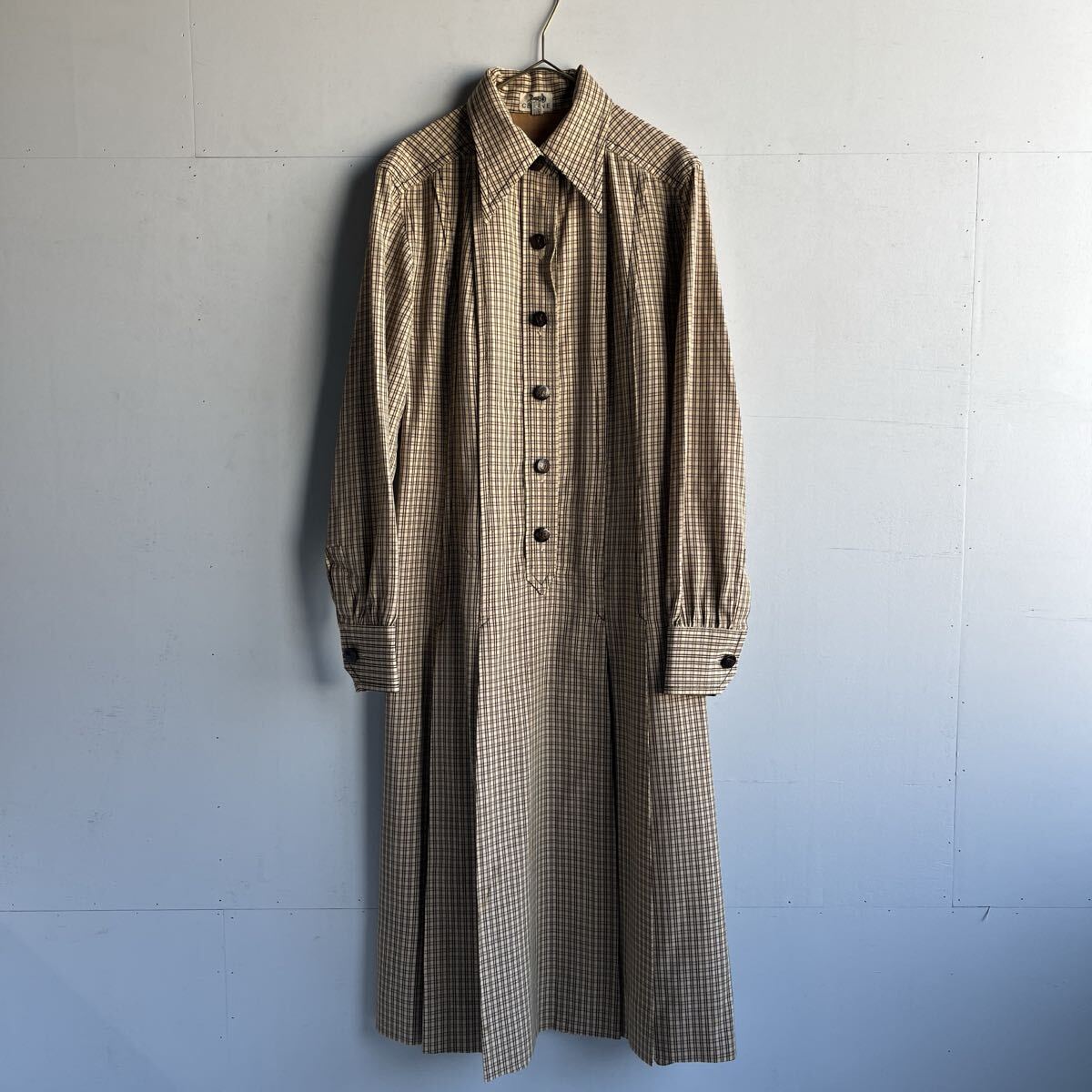 Old CELINE セリーヌ vintage シャツ ワンピース チェック ブラウン ロング プルオーバー イタリア製 レディース 40 70s 80s 90s