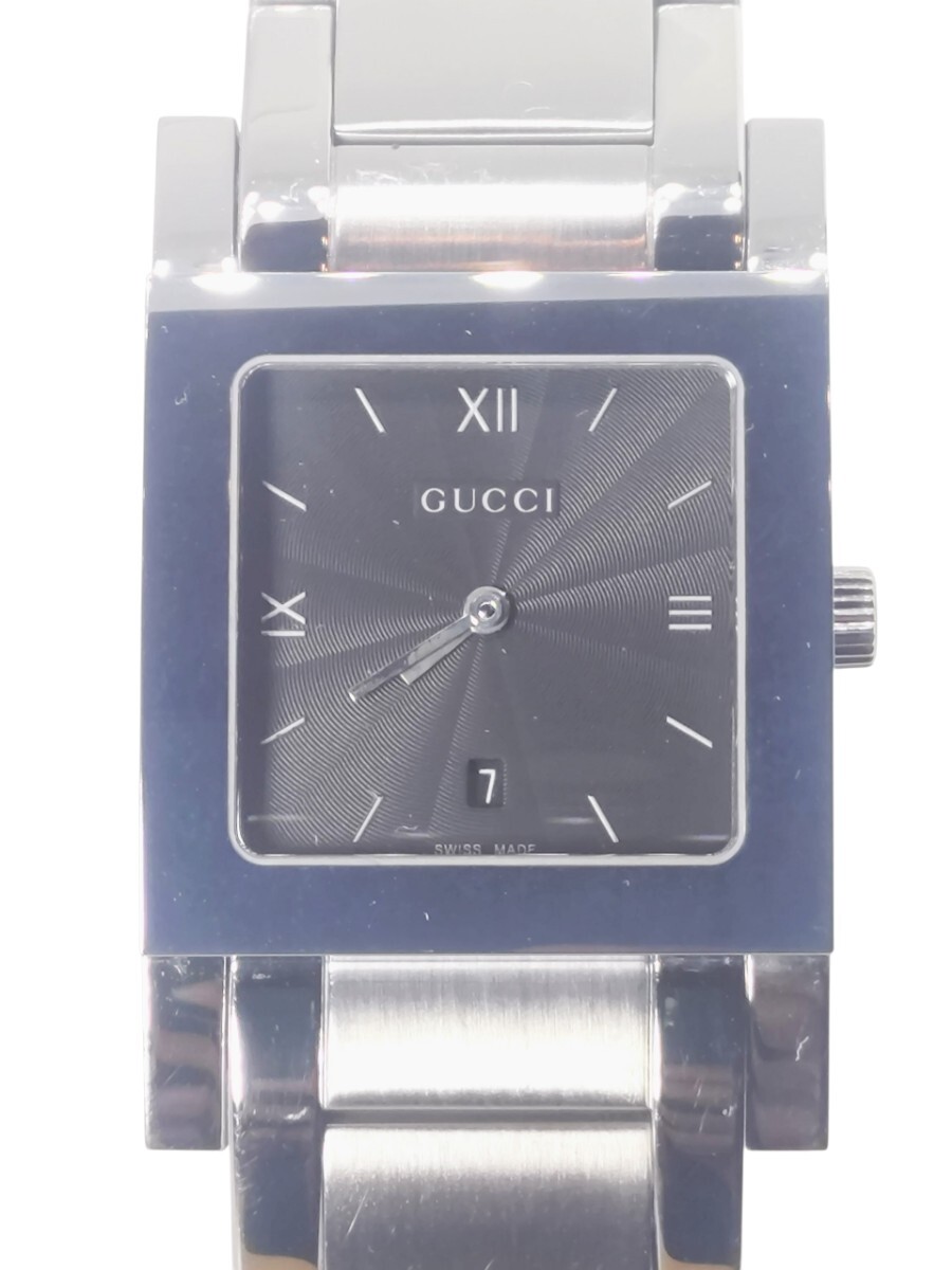 【電池交換済】GUCCI グッチ 7900M.1 メンズ 腕時計 黒文字盤 デイト スクエア クォーツ 中古動作品 箱あり 腕周り18.5cm