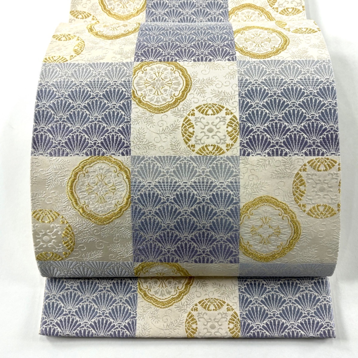 【在庫一掃】 【美品】 袋帯 逸品 市松 花 金糸 刺繍 薄紫 六通 正絹 【中古】