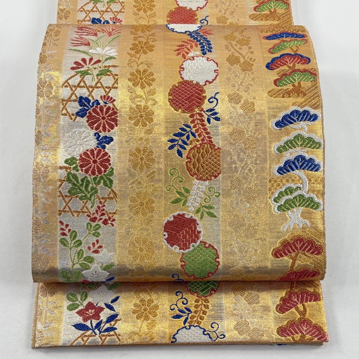 【在庫一掃】 【美品】 袋帯 逸品 雪輪 松梅 金糸 ラメ糸 金色 六通 正絹 【中古】