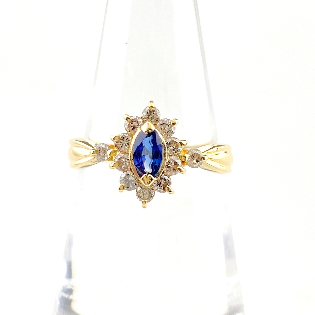 サファイア デザインリング YG イエローゴールド 指輪 メレダイヤ リング 11.5号 K18 サファイア ダイヤモンド レディース 【中古】