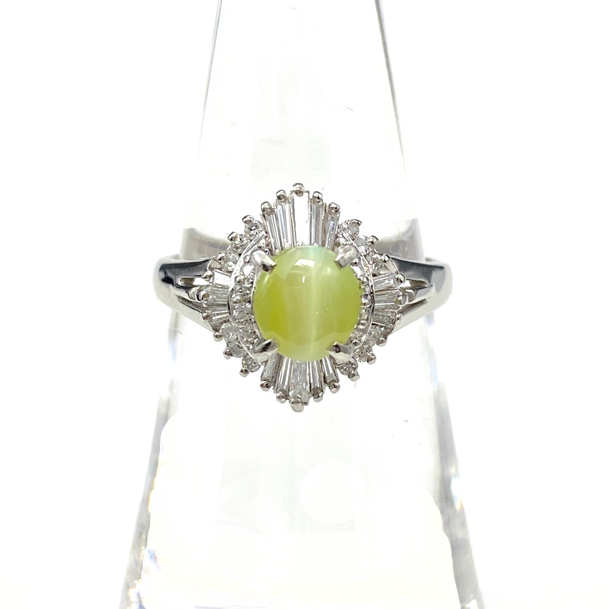 クリソベリルキャッツアイ デザインリング プラチナ 指輪 メレダイヤ 12号 Pt900 クリソベリルキャッツアイ ダイヤモンド レディース 中古