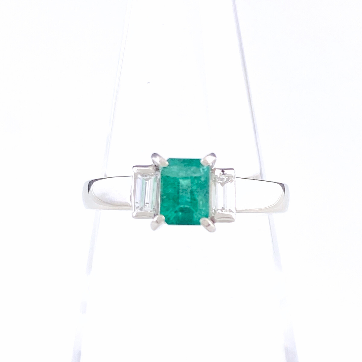 エメラルド デザインリング プラチナ 指輪 メレダイヤ リング 9号 Pt850 エメラルド ダイヤモンド レディース 【中古】