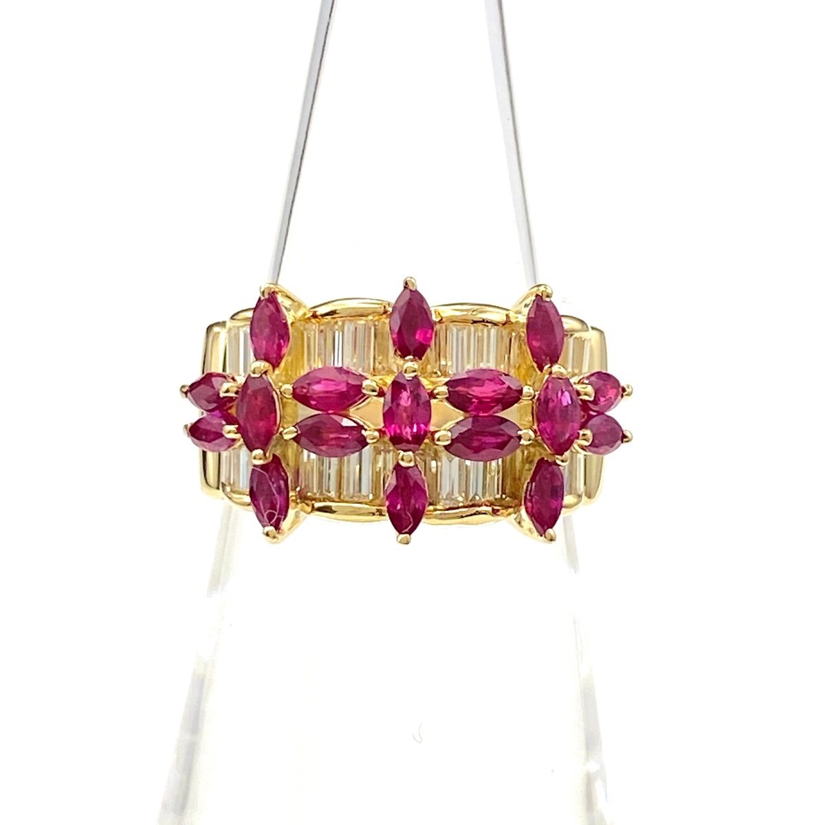 フラワーモチーフ デザインリング YG イエローゴールド 指輪 ルビー メレダイヤ 花 10.5号 K18 ルビー ダイヤモンド レディース 【中古】