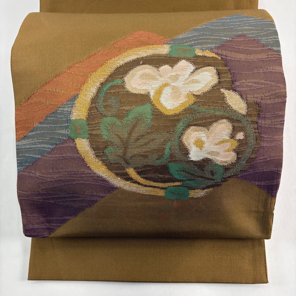 【在庫一掃】 【美品】 袋帯 秀品 関西仕立て 紬地 花唐草 波 箔 山吹茶色 お太鼓柄 正絹 【中古】