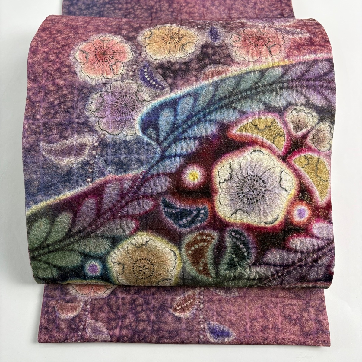 【在庫一掃】 【美品】 袋帯 名品 落款 辻が花 霞 金通し ぼかし 紫 お太鼓柄 正絹 【中古】