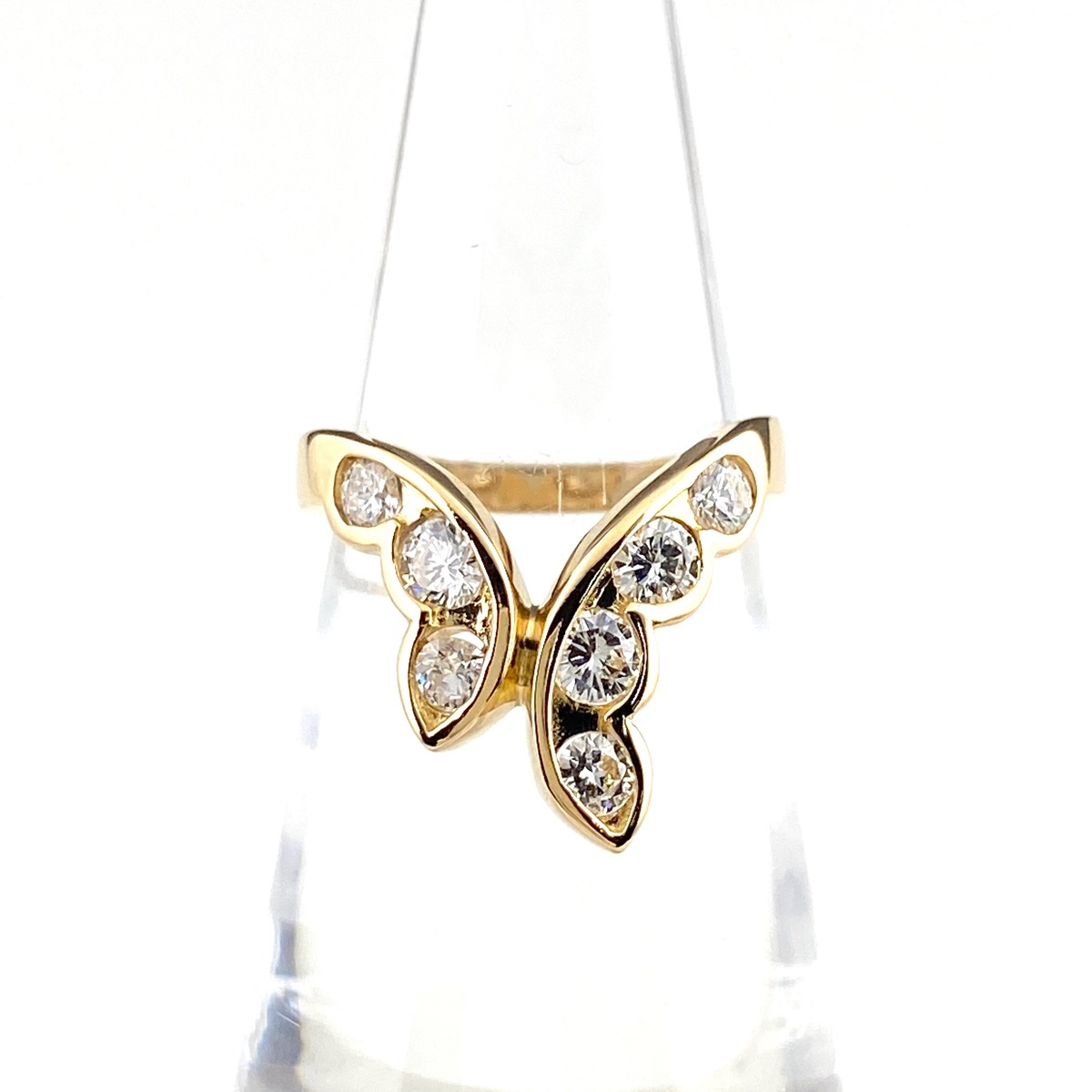 バタフライ モチーフ デザインリング YG イエローゴールド 指輪 メレダイヤ 蝶 リング 7.5号 K18 ダイヤモンド レディース 【中古】
