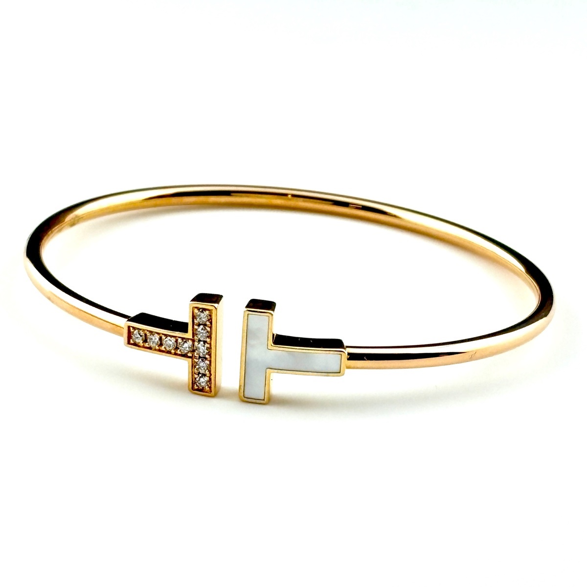 ティファニー TIFFANY&Co. ワイヤー ブレスレット PG ピンクゴールド メレダイヤ ティファニーT 750 マザー オブ パール レディース 中古