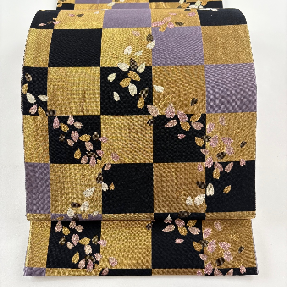 袋帯 名品 花びら 市松 金糸 箔 灰紫 六通 正絹 【中古】