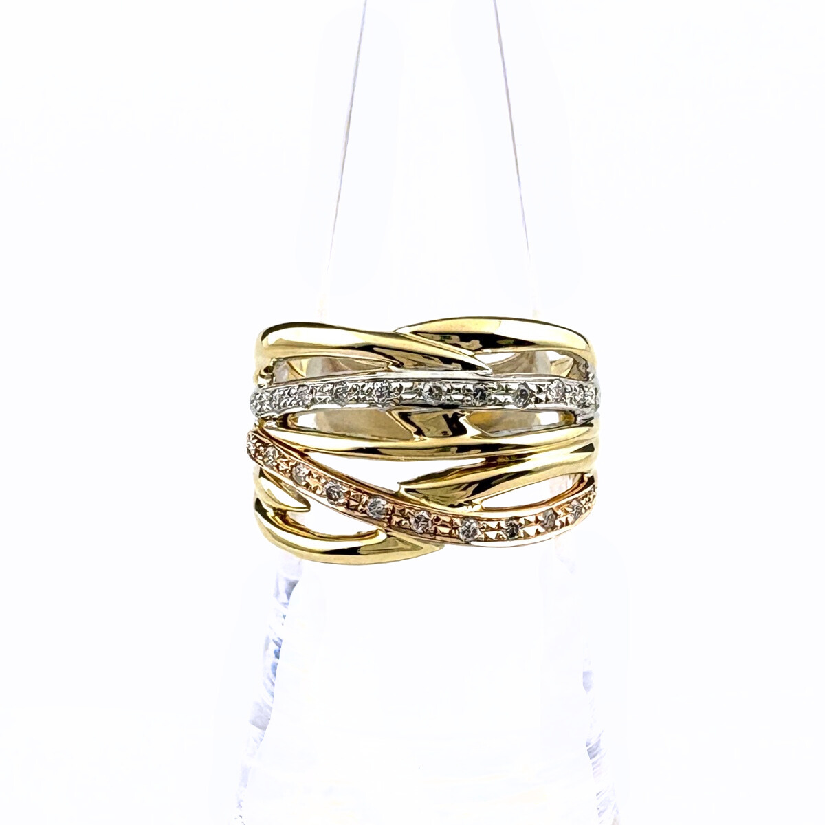 スリーカラー デザインリング YG イエローゴールド 指輪 メレダイヤ リング 13号 K18 ダイヤモンド レディース 【中古】