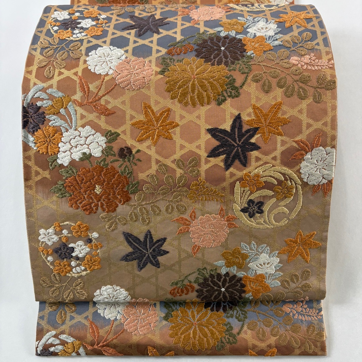 袋帯 逸品 河合美術織物 落款 花丸文 籠目 唐織 箔 オレンジ 六通 正絹 【中古】