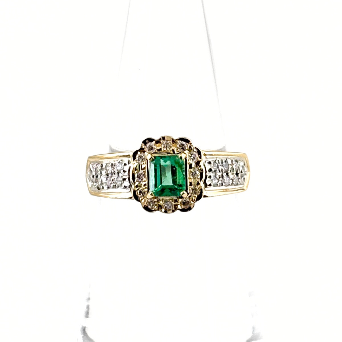 エメラルド デザインリング YG イエローゴールド プラチナ 指輪 メレダイヤ ダイヤモンド リング 11.5号 K18 Pt900 レディース 【中古】