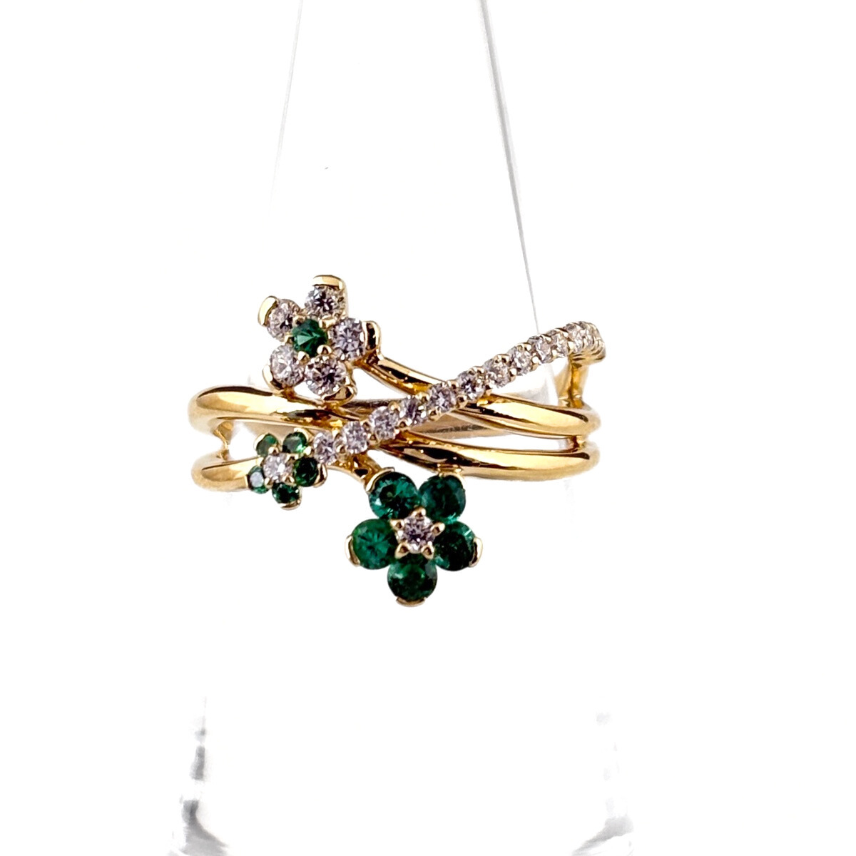 エメラルド デザインリング YG イエローゴールド 指輪 リング 12号 K18 エメラルド ダイヤモンド レディース 【中古】