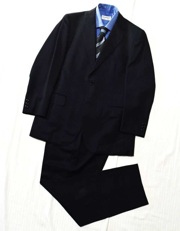 309★Ermenegildo Zegna SHANG★ゼニア★ダークネイビーにブルーストライプ#綺麗なシルエット上品で色気ある男が選ぶ素敵な2釦スーツAB5/M
