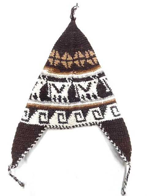 ビンテージ ペルー製 アルパカ 素材 総柄 織り 民族 エスニック ニット 耳当て ハット キャップ 帽子 動物 ラマ 南米 山 自然 模様 レア 珍