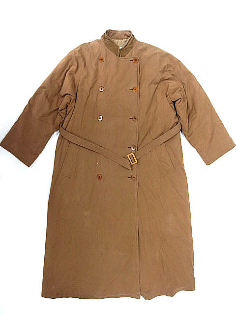 MANI イタリア製 ノーカラー オーバーサイズ ダウン ロング コート ベルト 茶 ブラウン アースカラー 男女可 コットン ポリ デザイン レア