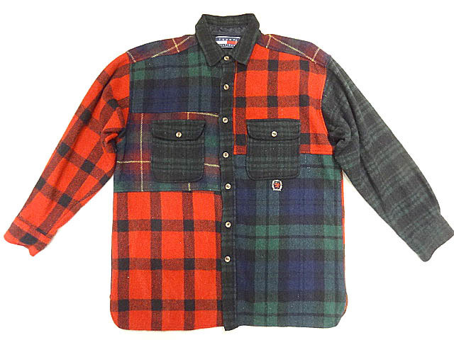 トミーヒルフィガー USA製 パネル パッチワーク ウール シャツ ジャケット XXL オーバー サイズ ビッグ カラー 色 総柄 2 ポケット 赤 緑