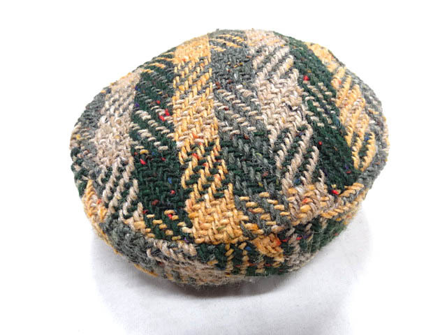ビンテージ 希少 アイルランド製 ウール ツイード 大柄 総柄 チェック ベレー帽 緑 黄色 マルチ ミックス 織り ハット キャップ 帽子 レア