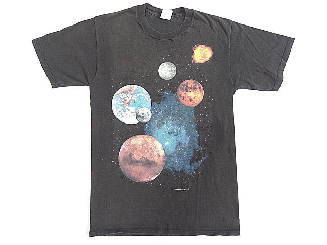 ビンテージ JERZEES 90S USA製 希少 レア 宇宙 惑星 総柄 両面 プリント 黒 ブラック Tシャツ 古着 珍品 NASA 地球 太陽 アメリカ 無地
