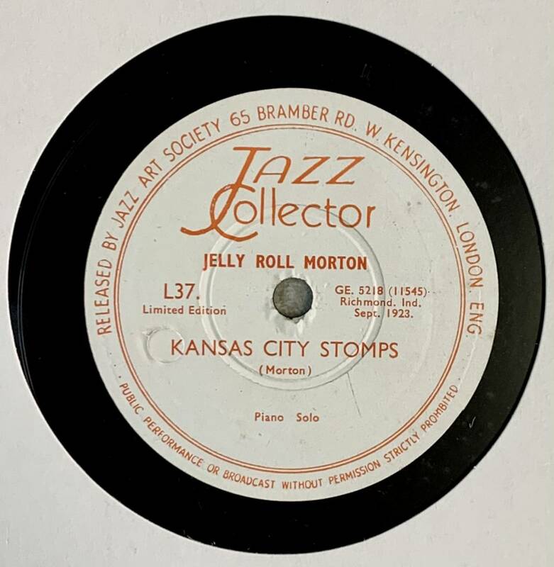 JELLY ROLL MORTON(Piano Solo)/ GRANDPA’S SPELLS/KANSAS CITY STOMPS(JAZZ Collector L37)　SP盤　78RPM 　JAZZ 《英》