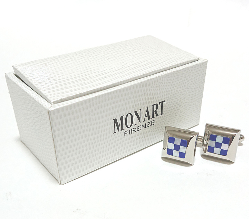 【mac56】新品　MON ART モンアート　カフス　カフリンクス　シルバー×ブルーストン×パール　イタリア製　チェック柄