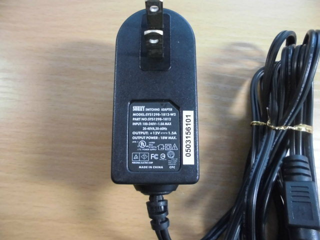 SUNNY ACアダプター SYS1298-1812-W2 DC12V1.5A 出力電圧実測値12.55V確認 8-49-51 中古品