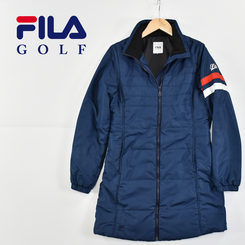 FILA GOLF フィラ ゴルフ ★ 細かい千鳥格子柄 袖ライン入り 中綿入り ジャケット コート ネイビー レディース M