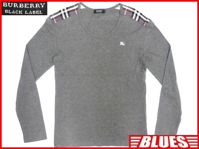 即決★BURBERRY BLACK LABEL★メンズM ロングTシャツ バーバリーブラックレーベル 2 グレー ノバチェック 三陽商会正規 ナイト刺繍