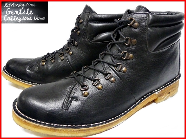 即決★lavorazione Gentile Collezione Uomo★レザーレースアップブーツ ラバーソール ジェンティーレ 美品 本革 ブラック 黒 革靴 本皮