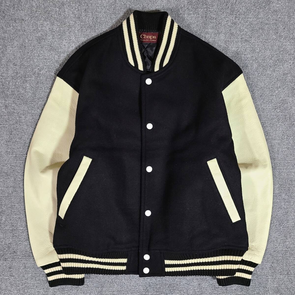 良好　90S　クリーニング済　CHAPS RALPH LAUREN　チャップ ラルフローレン　本革　袖レザー　スタジャン　バーシティジャケット　無地　黒