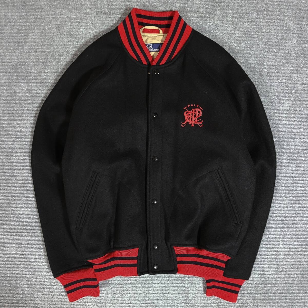 レア　クリーニング済　POLO RALPH LAUREN　ポロ ラルフローレン　黒　メルトン　ウール　スタジャン　バーシティジャケット　刺繍　90S　B