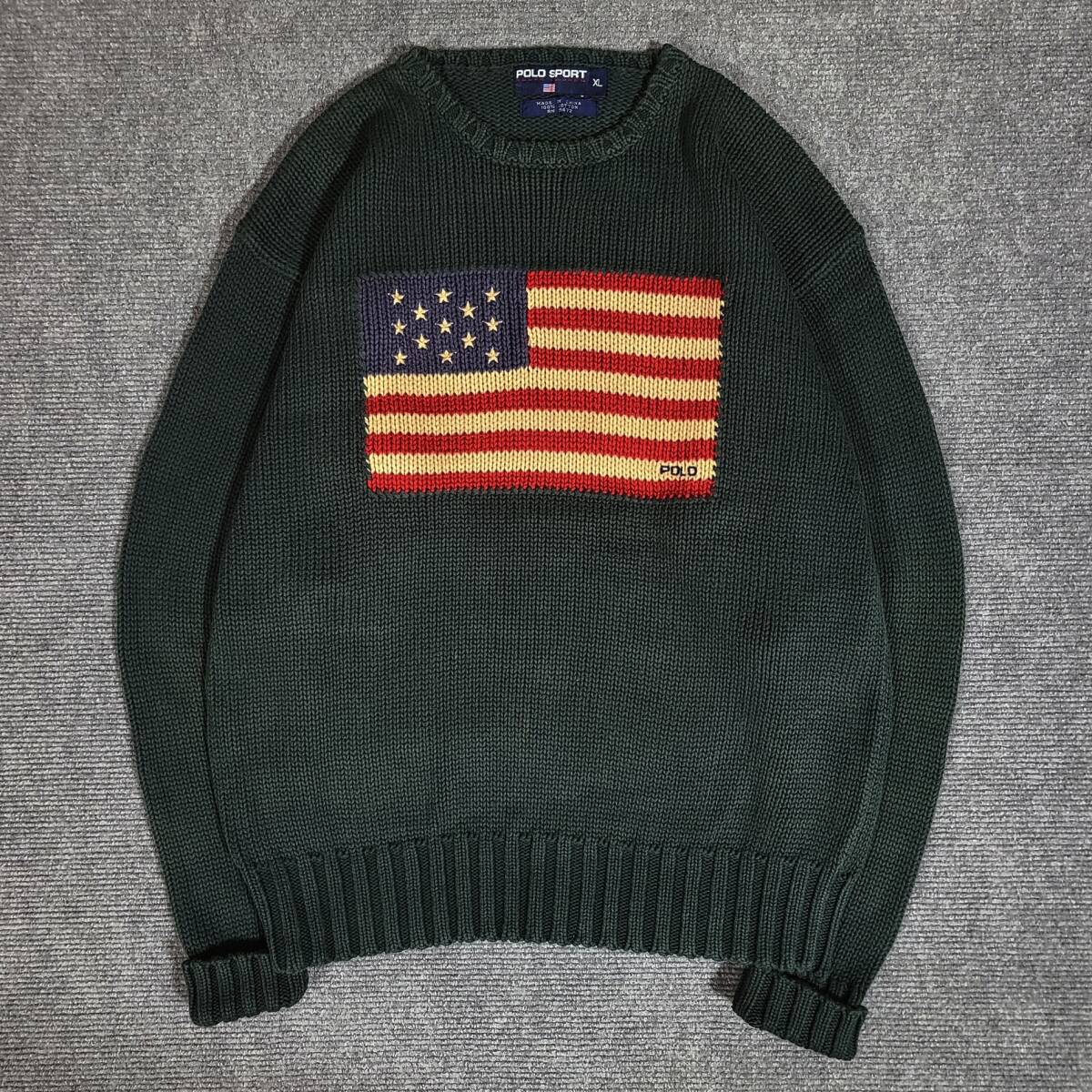 レア　クリーニング済　90S　POLO SPORT　RALPH LAUREN　ポロスポーツ　ラルフローレン　星条旗　ニット　セーター　深緑　カーキ　80S