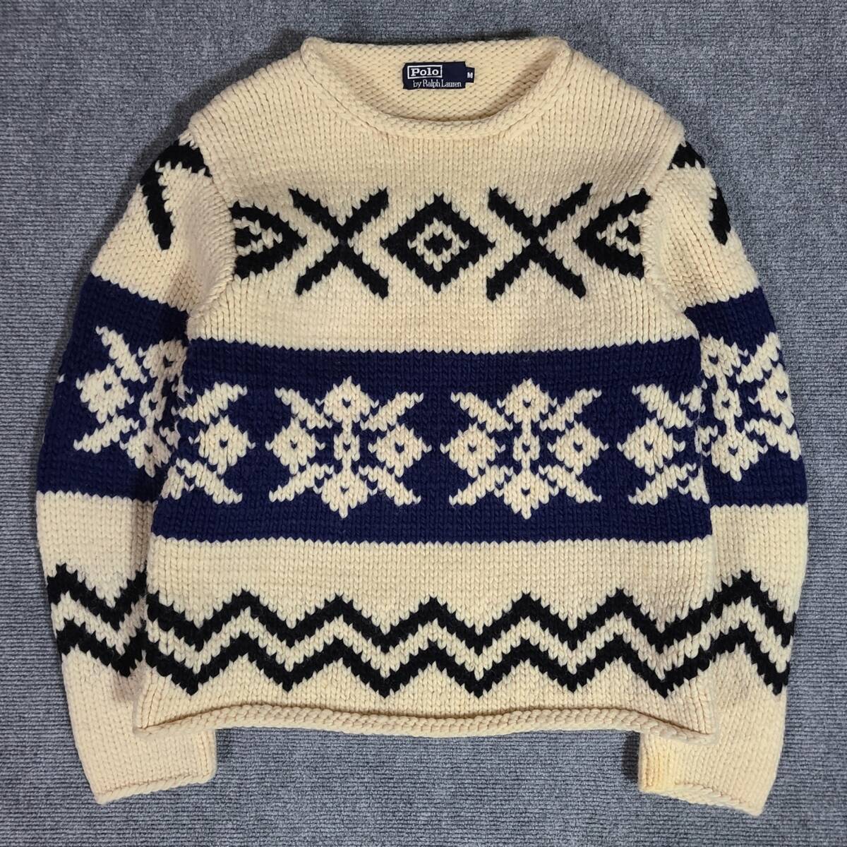 レア　クリーニング済　90S　POLO RALPH LAUREN　ラルフローレン　厚手　ロールネック　ハンドニット　カウチンセーター　ニット　セーター
