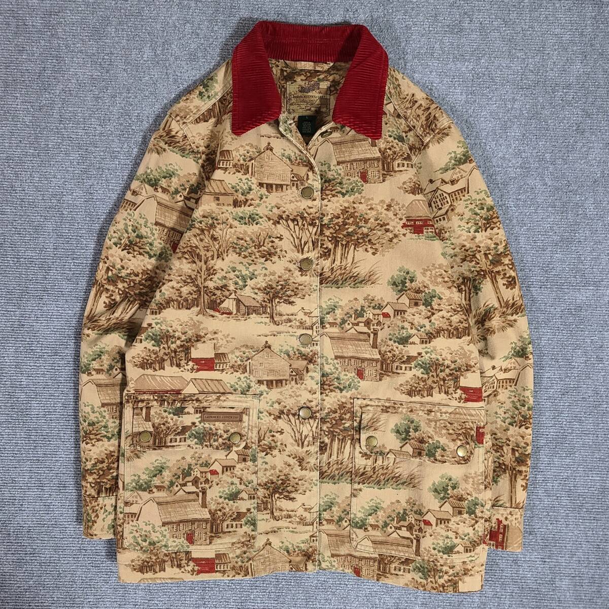 レア　クリーニング済 90s　LAUREN RALPH LAUREN　ローレン ラルフローレン　総柄　襟コーデュロイ　ハンティングジャケット　カバーオール