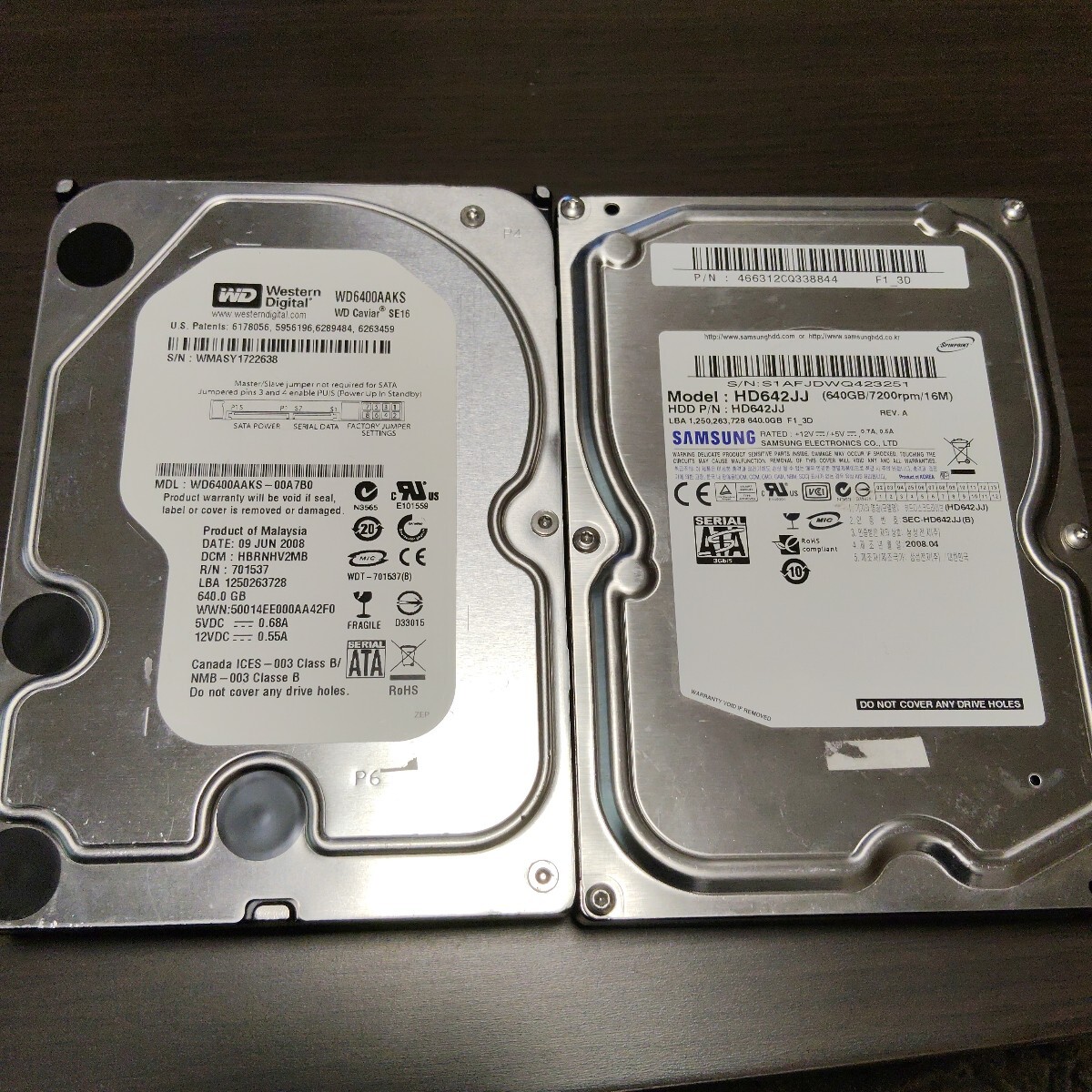 640GB 2台　Westan digital WD6400AAKS SAMSUNG HD642JJ 3.5インチHDD SATA 2台セット