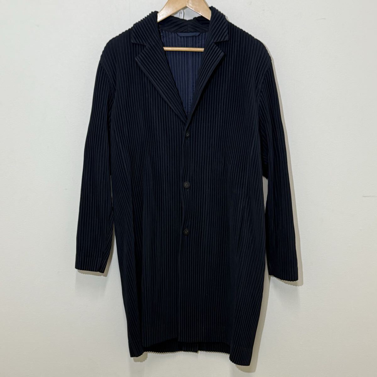 (37) HOMME PLEASE ISSEY MIYAKE プリーツチェスターコート ネイビー サイズ3 HP55JD202 メンズ オムプリッセ イッセイミヤケ コート