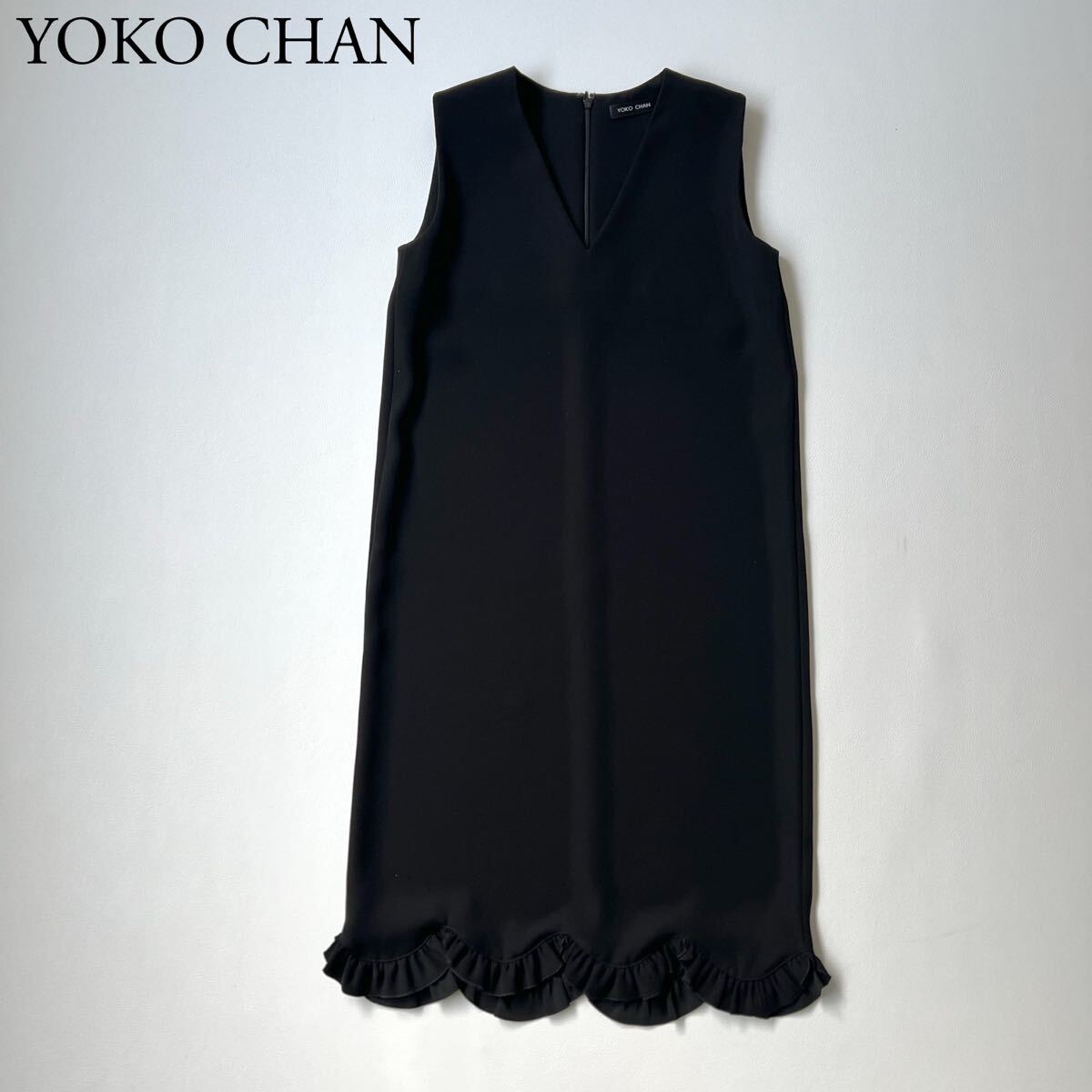 美品 YOKO CHAN ヨーコチャン ドレス ノースリーブ 膝丈ワンピース フリル ブラック スカラップ 36 レディース