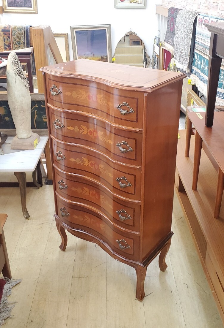 ② イタリア製 象嵌細工 猫脚 木製 5段 チェスト 引き出し 収納 ドロワー 検) ロイズ アンティークス 西洋 ロココ クラシック ヴィンテージ