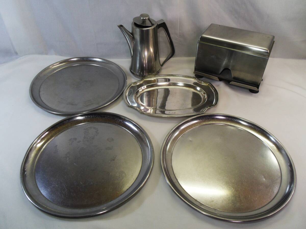 I36◇昭和レトロ 飲食店 当時物◇ストローディスペンサー◇オーバル シルバー トレイ 銀皿◇ポット◇レトロ喫茶・レストラン◇送料990円◇