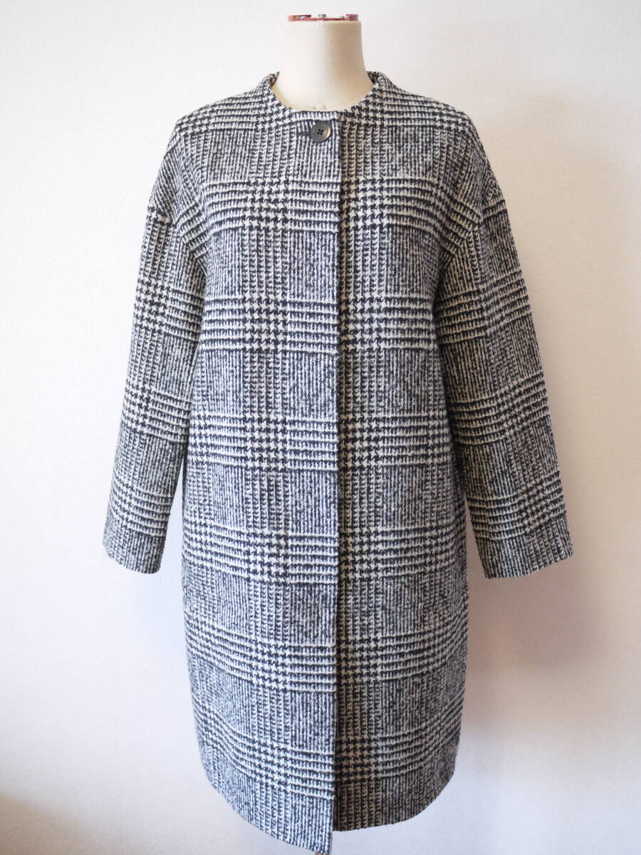 Paul Stuart ポールスチュアート ノーカラーコート グレンチェック柄 モノトーン ６ 未使用