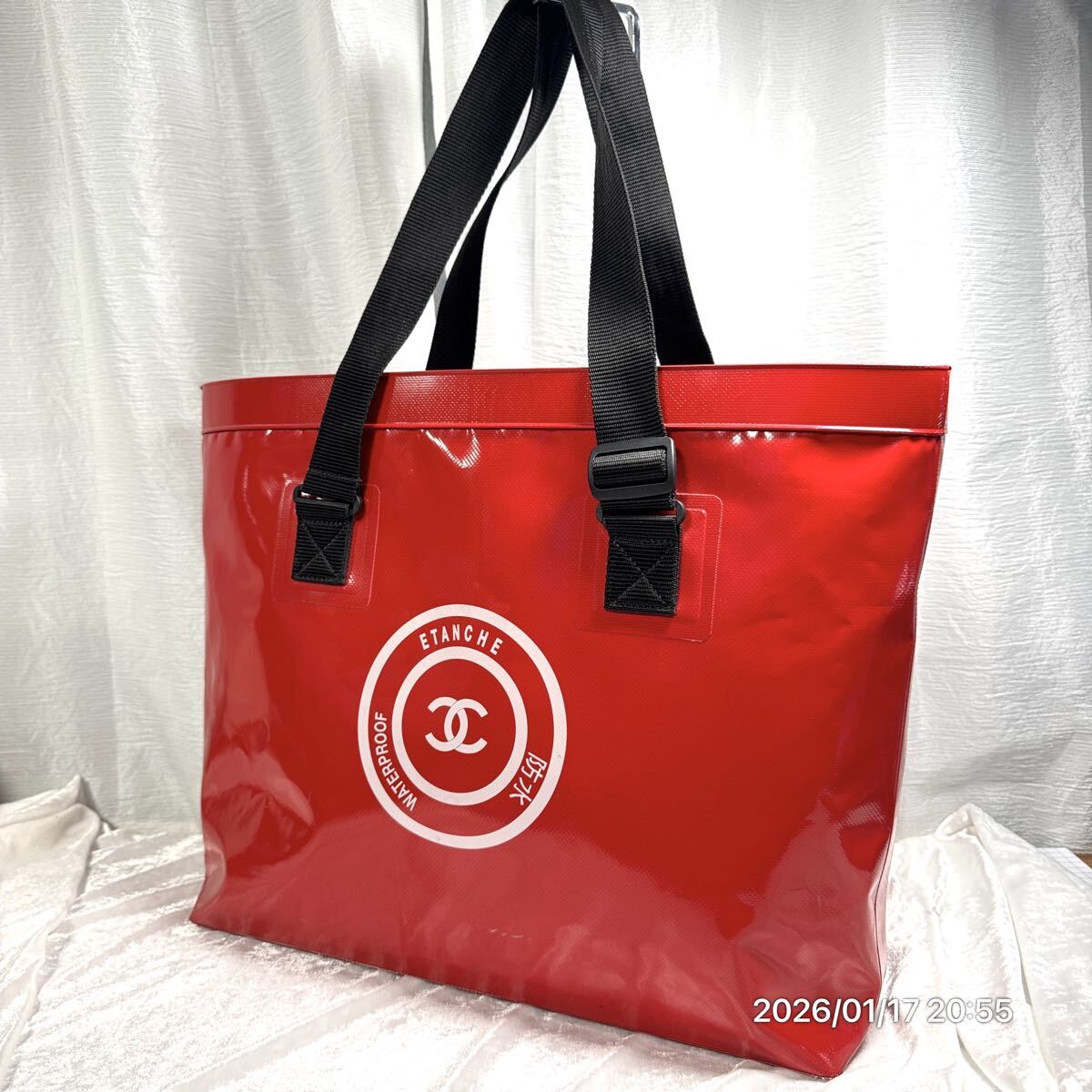 CHANEL シャネル ETANCHE 防水 COCO ココマーク レッド×ブラック PVC トートバッグ 肩掛けバッグ