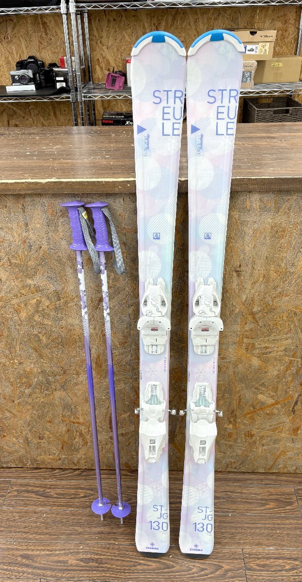 シュトロイレ/STREULE スキー板 130 ビンディング付き/JRS 4.5 SY-JG パステル 雪 水玉 ジュニア ガール ストック付き(95cm)