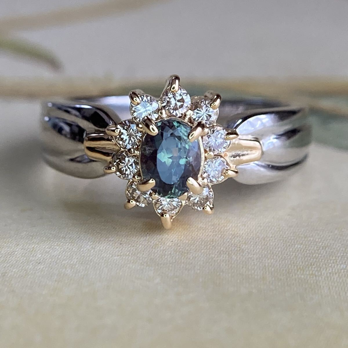 k18 pt900 天然アレキサンドライト0.39ct ダイヤモンド 指輪リング