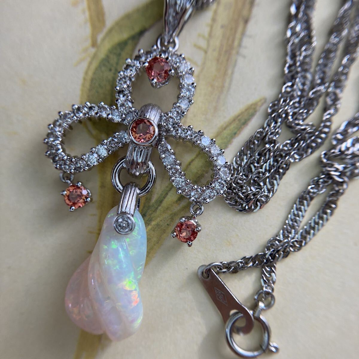 pt900/pt850 孤高の天才小川和郎先生　ロココ様式　オパール　パパラチアサファイア　ダイヤモンド　ペンダント　ネックレス