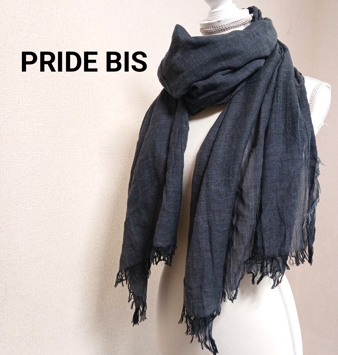 【B189】PRIDE BIS プライド・ビス 大判マフラー 大判ストール　コットン　リネン　麻　綿　春夏用　ショール チャコールグレー 透け感