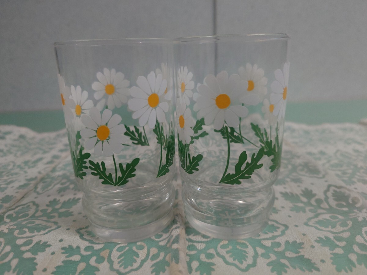 ●5) アデリア レトロ 雑貨 当時物 ADERIA GLASS 野菊/野ばな 希少 可愛い タンブラー グラス 10.5cm 2客セット 石塚硝子 希少 ④