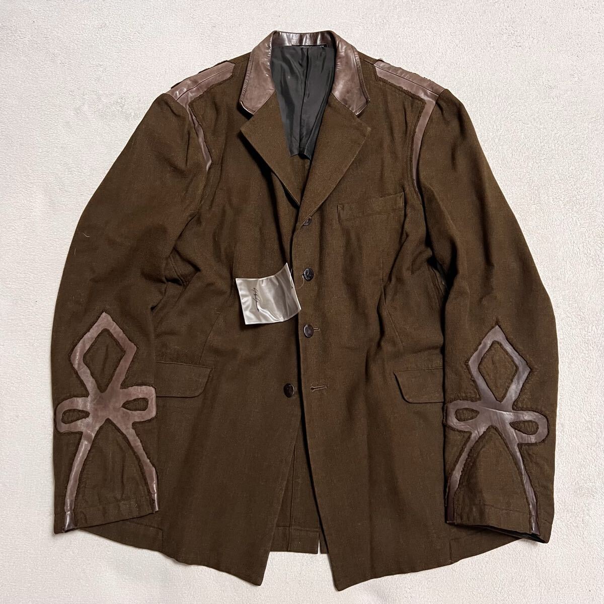 ★レア★ 2003AW Yohji yamamoto POUR HOMME ヨウジヤマモトプールオム レザー切替 テーラードジャケット ブレザー ブラウン メンズ R-8608