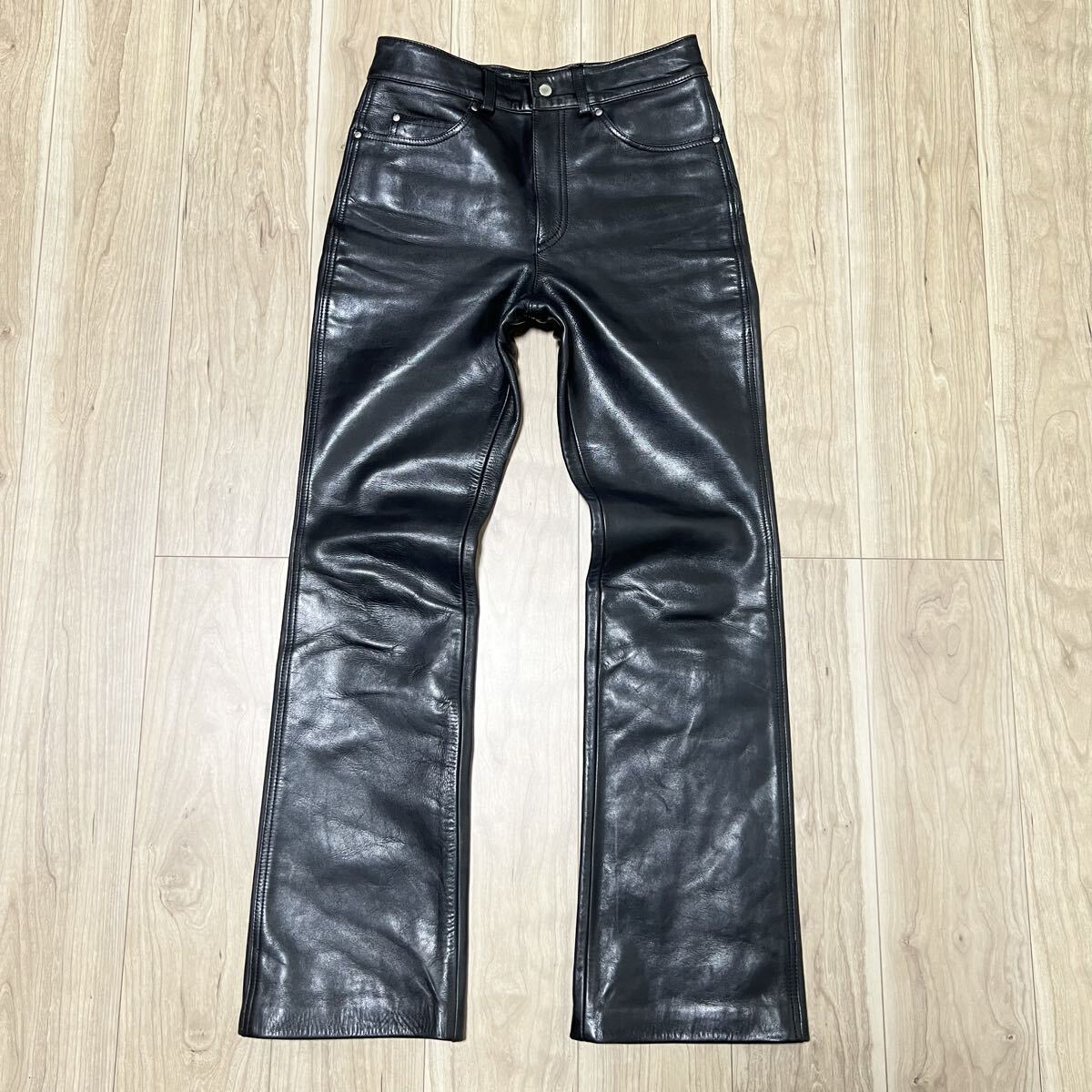 本革★HARLEY DAVIDSON ハーレーダビッドソン 牛革 レザーパンツ 黒 ブラック メンズ サイズ30 実寸ウエスト75cm バイク乗り 革パン R-8608